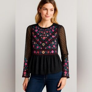 Allison New York Black Embroidered Swiss Dot Peplum Blouse – Size M